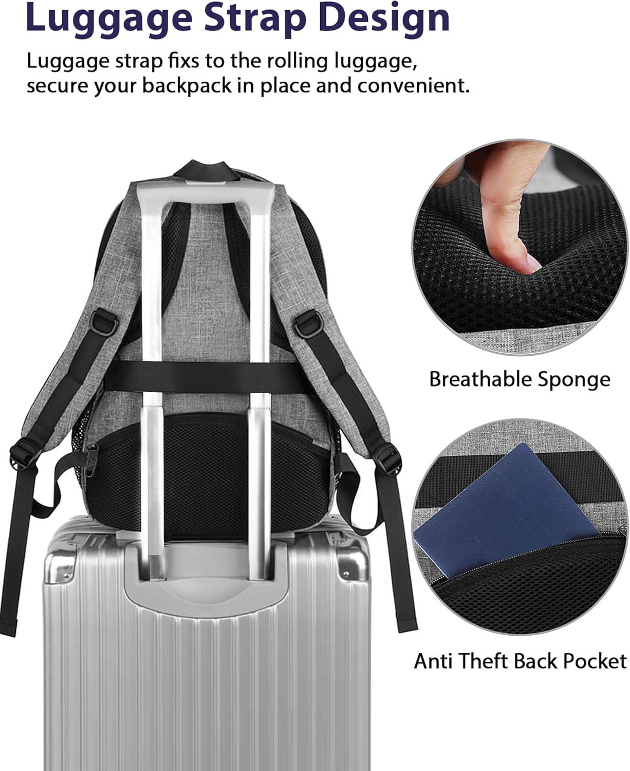 MATEIN Travel Laptop Backpack, 17 Inch Work TSA Approved Carry on Backpack, Large Computer Business Bag for Men Women with USB Port and Trolley Sleeve, College School Rucksack Book Bag, Grey - Image 3