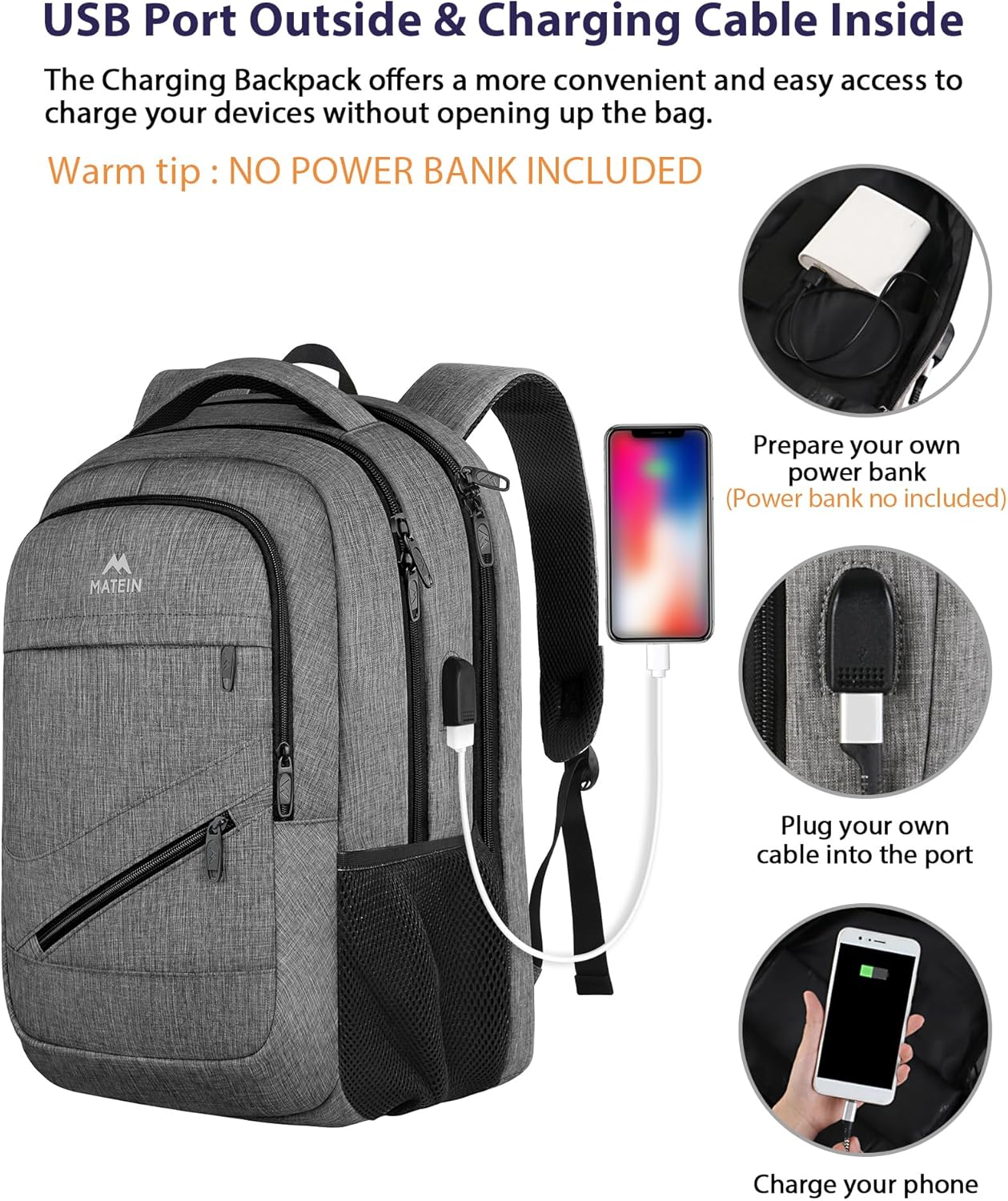 MATEIN Travel Laptop Backpack, 17 Inch Work TSA Approved Carry on Backpack, Large Computer Business Bag for Men Women with USB Port and Trolley Sleeve, College School Rucksack Book Bag, Grey - Image 4